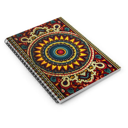 A spiral-bound notebook with a vibrant, intricate mandala cover features bold yellow, red, blue, and orange patterns on a rich red background—an African-inspired spiral notebook perfect for those who love culturally inspired designs.