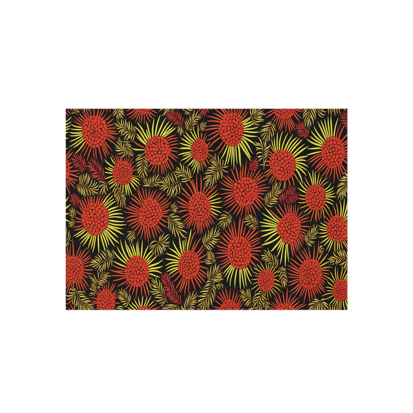A pattern of African-inspired red and yellow starburst shapes resembling stylized flowers covers a black background. The dense design features spiky, radiating lines, giving the image a lively, vibrant, and energetic appearance.
