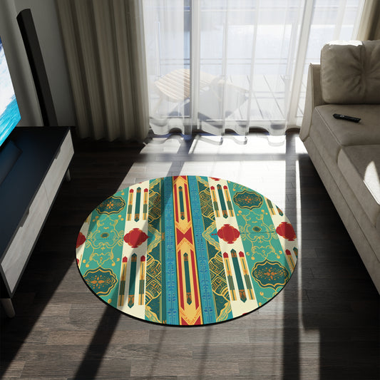 A circular rug with a vibrant African-inspired geometric and floral pattern in teal, red, gold, and cream lies on a dark wooden floor in a modern living room near a beige sofa, TV stand, and sunlit window with sheer curtains overlooking a balcony.