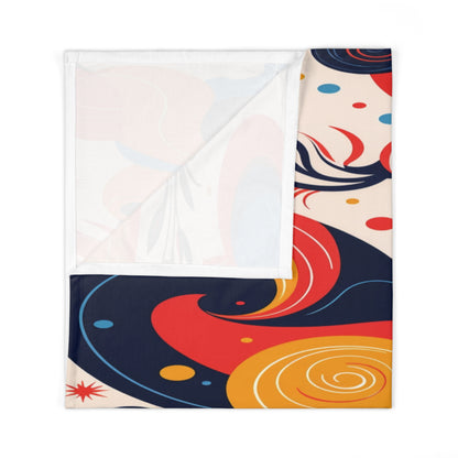 A rectangular blanket with one corner folded over, revealing a colorful abstract pattern inspired by African-inspired decor. Swirling shapes and dots in red, yellow, navy blue, and orange adorn a light beige background; the reverse side is plain white.