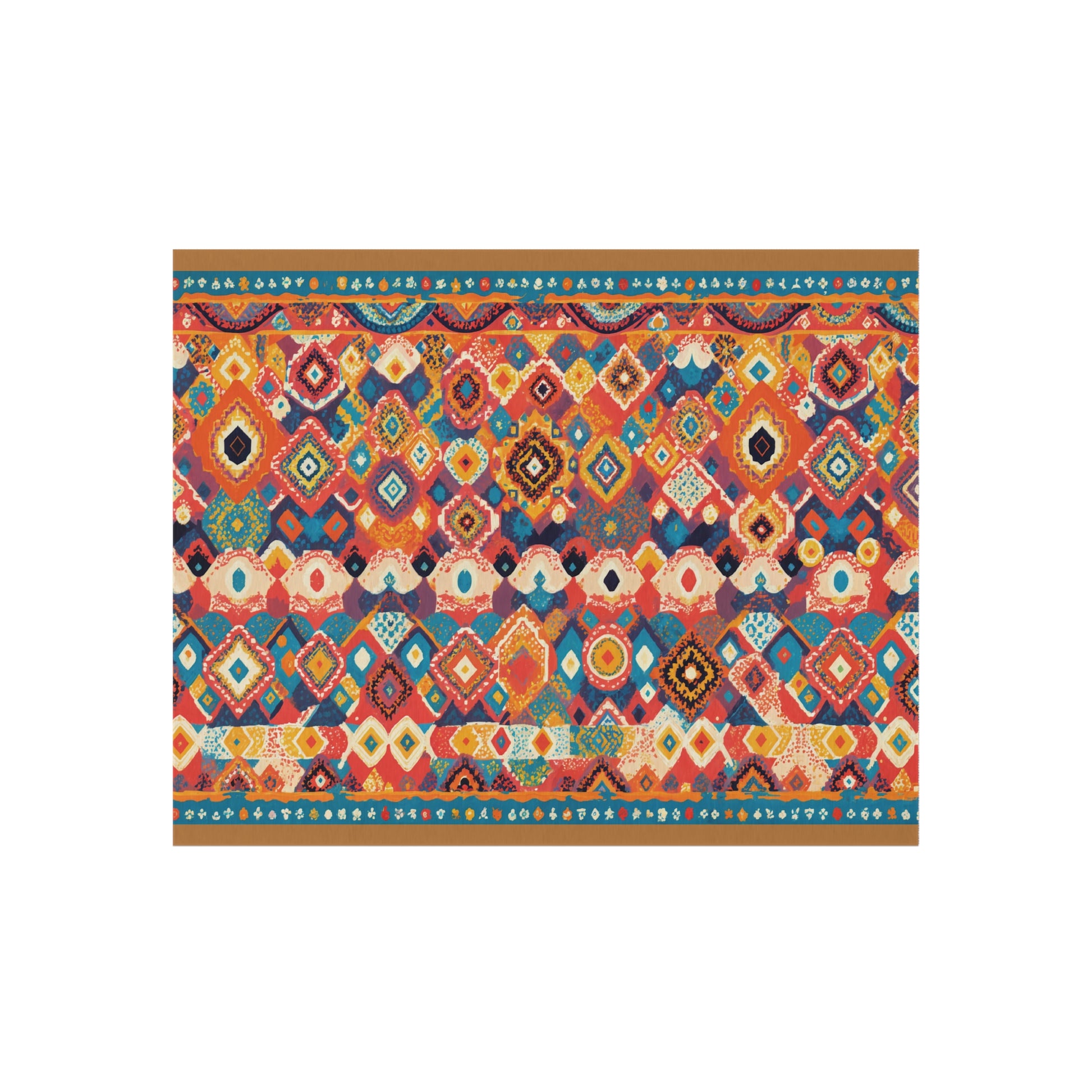 A colorful, rectangular African-inspired rug with intricate geometric patterns in red, blue, orange, and yellow. Repeating diamond shapes, stylized flowers, and bordered motifs create a vibrant, symmetrical look against a white background.