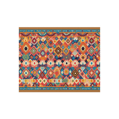 A colorful, rectangular African-inspired rug with intricate geometric patterns in red, blue, orange, and yellow. Repeating diamond shapes, stylized flowers, and bordered motifs create a vibrant, symmetrical look against a white background.