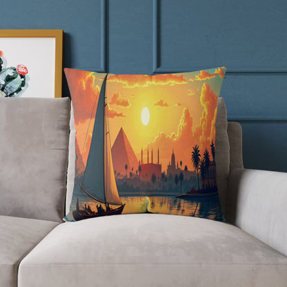 A vibrant throw pillow on a beige sofa features an illustrated sunset scene with pyramids, palm trees, a river sailboat, and minaret silhouettes. This African-inspired pillow pops against a blue wall adorned with a framed cactus print—a touch of colorful home decor.
