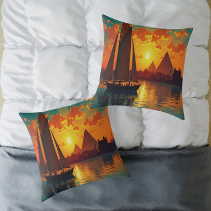Two decorative African-inspired pillows on a white and gray bed showcase a vivid sunset with a sailboat, silhouetted people, and pyramids beneath an orange sky—perfect as vibrant home decor for any space.