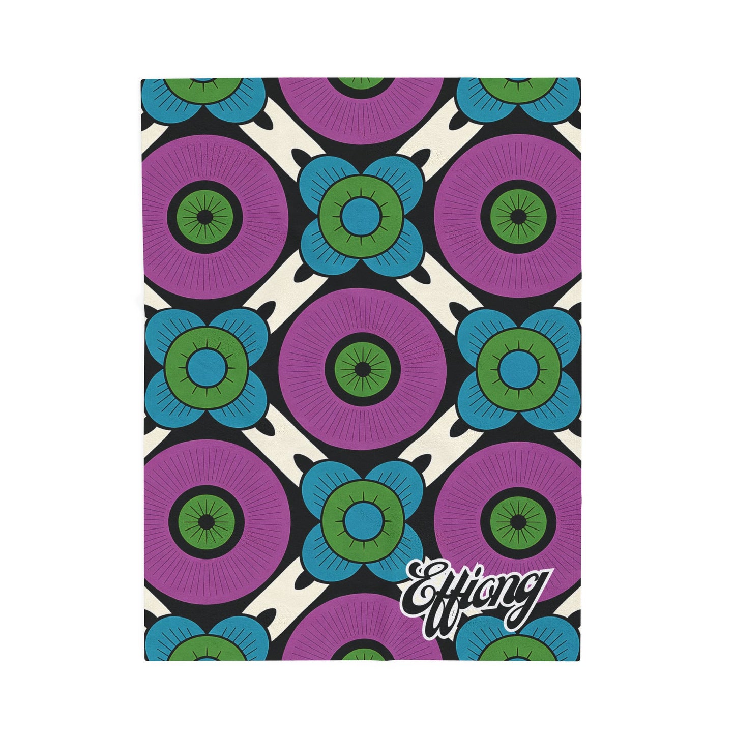 A bold geometric pattern with large purple circles and blue-green floral designs graces this African-inspired personalized blanket. “Effiong” is elegantly scripted in white on a cream and black background—an ideal personalized gift.