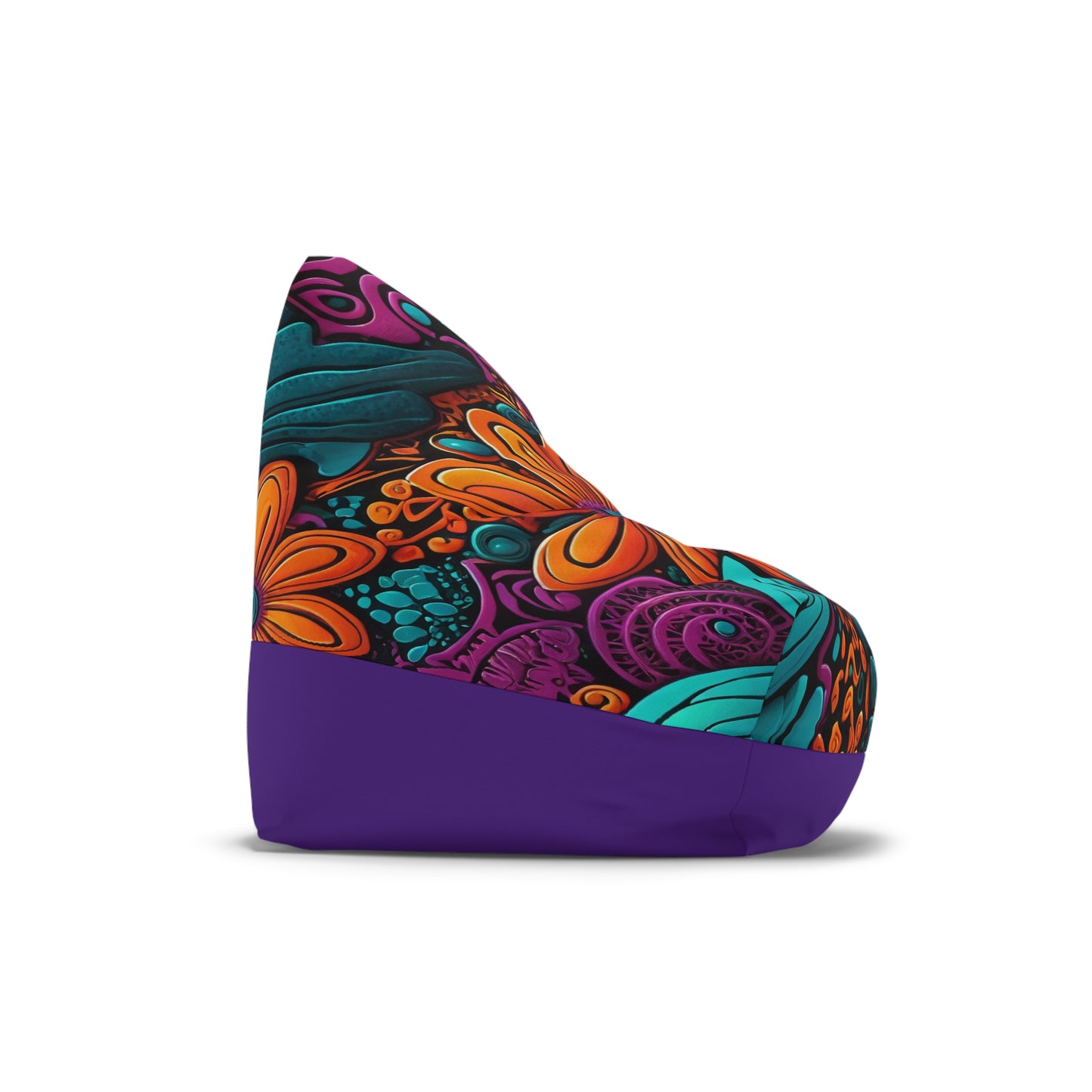 A bean bag chair with a vibrant, psychedelic floral pattern in orange, teal, purple, and black on the upper portion and solid purple fabric below. Its versatile design makes it easy to pair with different bean bag covers. Photographed from the side against a white background.