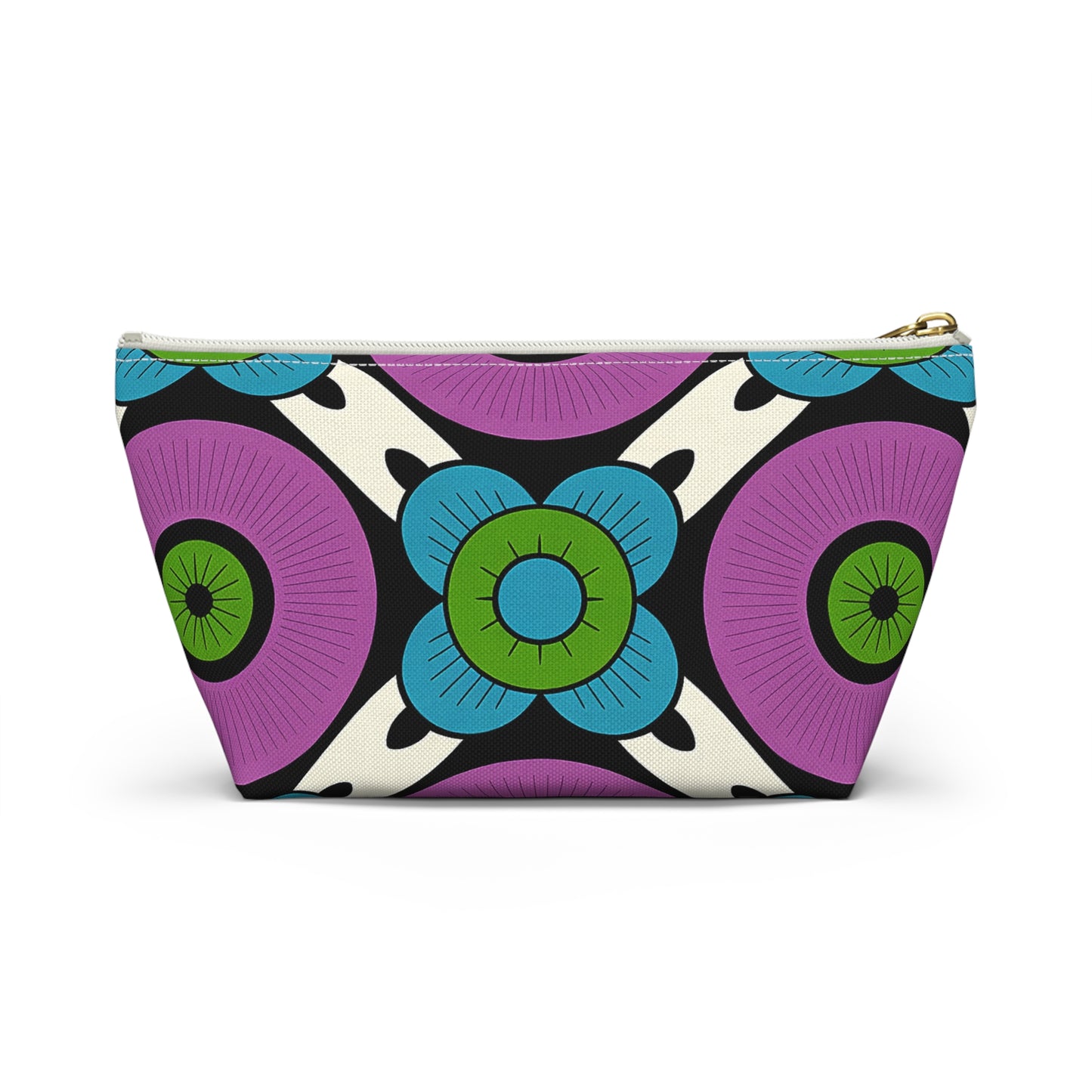A zippered T-bottom pouch with African-inspired patterns, featuring bold purple circles with green centers and blue, green, and black stylized floral designs on a cream background. The gold-colored zipper runs along the top edge—perfect as a cosmetic travel bag.
