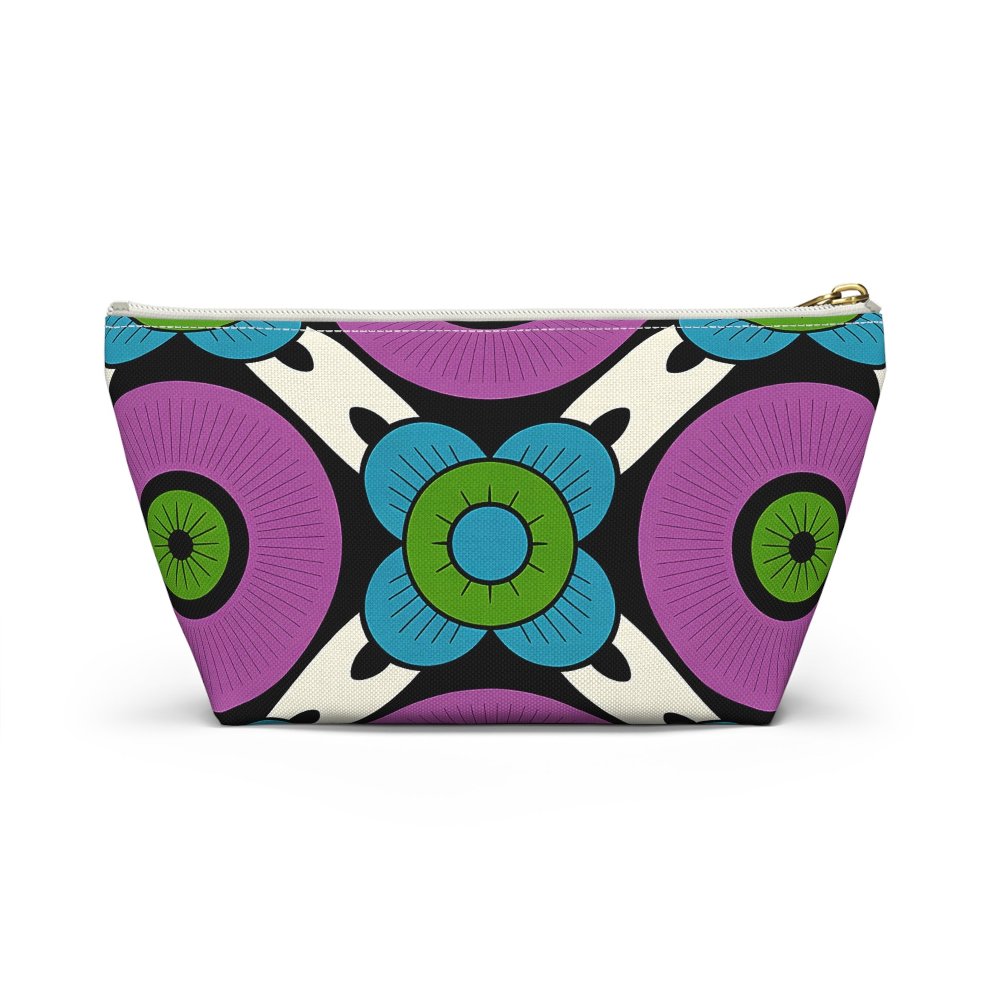 A zippered T-bottom pouch with African-inspired patterns, featuring bold purple circles with green centers and blue, green, and black stylized floral designs on a cream background. The gold-colored zipper runs along the top edge—perfect as a cosmetic travel bag.