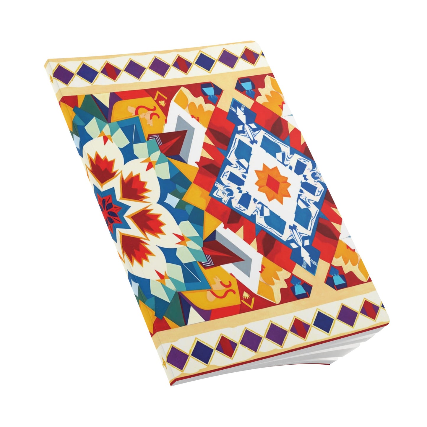 A closed African-inspired journal with a vibrant, geometric cover featuring multicolored patterns in red, blue, yellow, and white. The symmetrical shapes and diamond borders evoke traditional textile motifs—perfect for daily journaling or creative expression.
