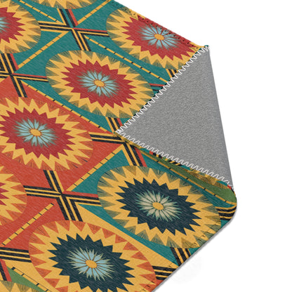 A close-up of a textile with a geometric, Southwestern-inspired pattern. Crafted from durable polyester chenille, the design features repeating circular sunburst shapes in red, yellow, teal, and blue inside squares. One corner reveals a plain gray underside with white stitching.