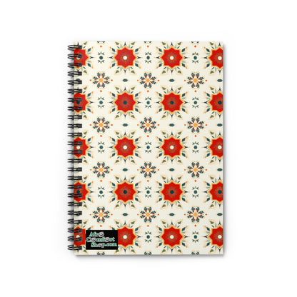 A spiral-bound, African-inspired notebook with a cream cover adorned in red and gold starburst patterns. A small black label in the corner reads “Aline Gabai Art shop.com” in white and green—perfect as a culturally inspired notebook.