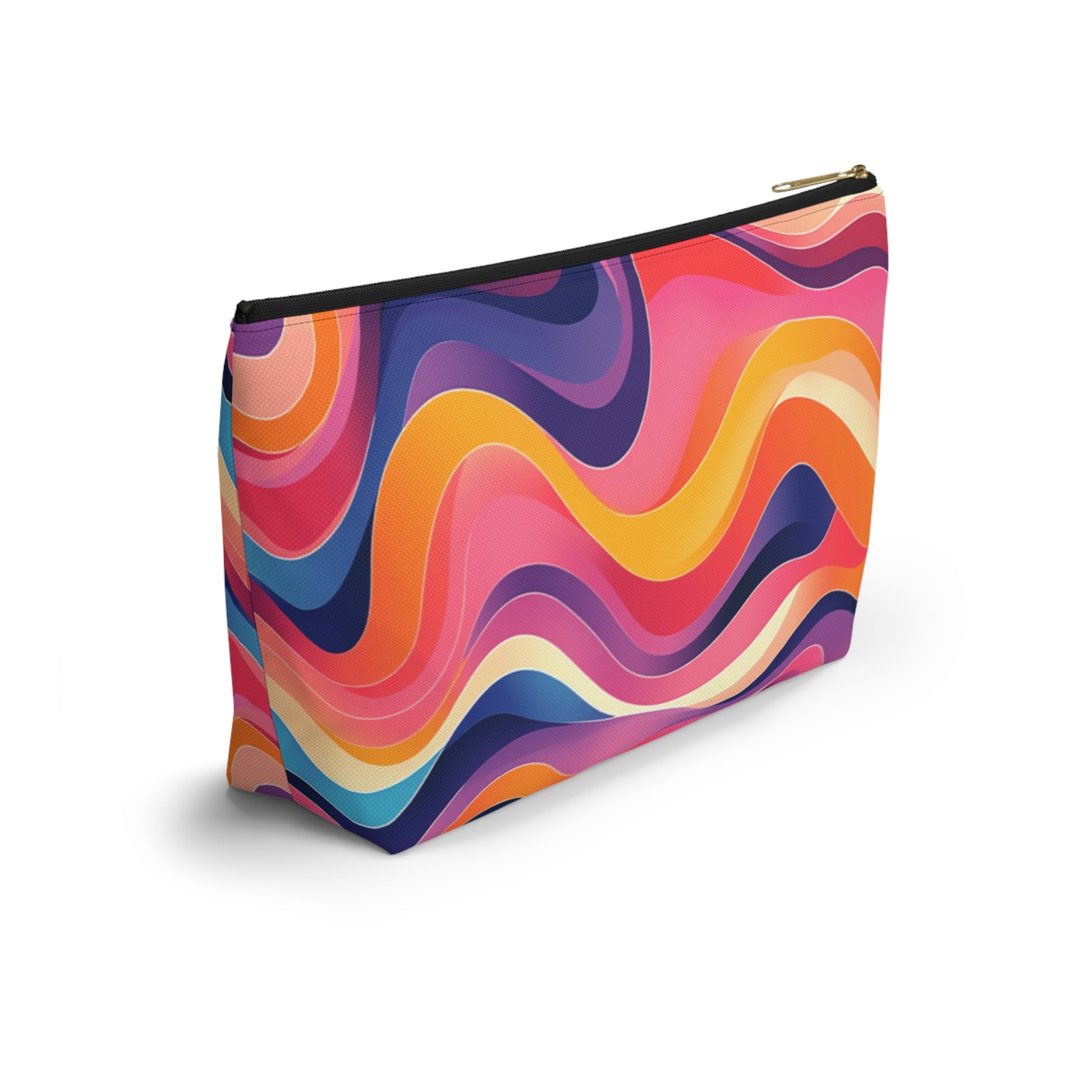 A zippered T-bottom pouch featuring a vibrant, wavy abstract pattern inspired by African-inspired patterns. With swirling bands of pink, orange, yellow, purple, blue, and cream, this cosmetic travel bag offers a colorful and dynamic look. Black zipper with gold pull.