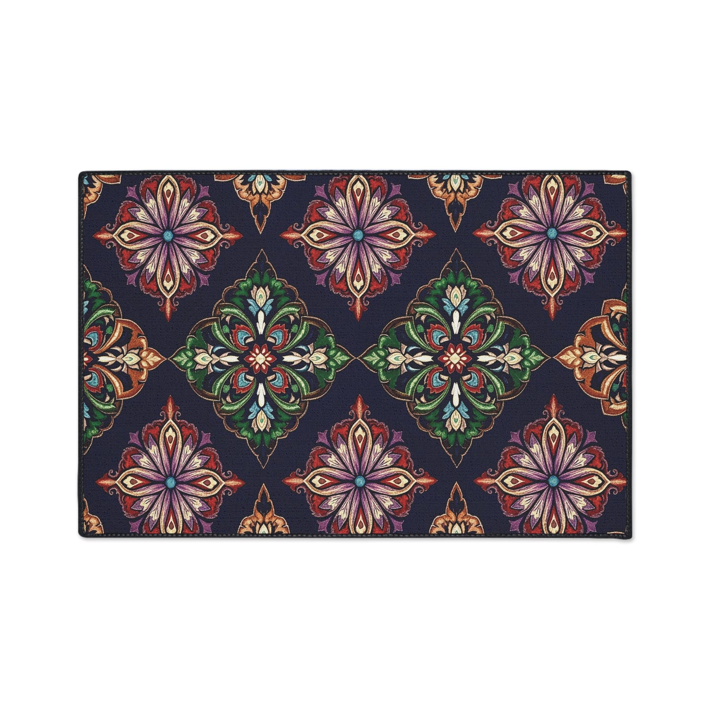 A rectangular custom floor mat featuring an ornate, African-inspired floral and diamond pattern in vibrant shades of purple, orange, green, and blue on a dark navy background; non-slip rubber backing ensures it stays securely in place.