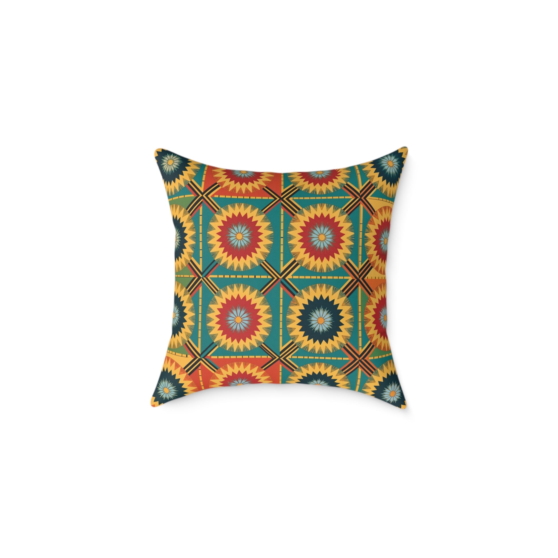 A vibrant throw pillow featuring a geometric, kaleidoscopic pattern with red, yellow, orange, and teal starbursts in a tiled grid. This colorful home decor piece has a yellow and teal background, creating a lively, symmetrical, and eye-catching design.