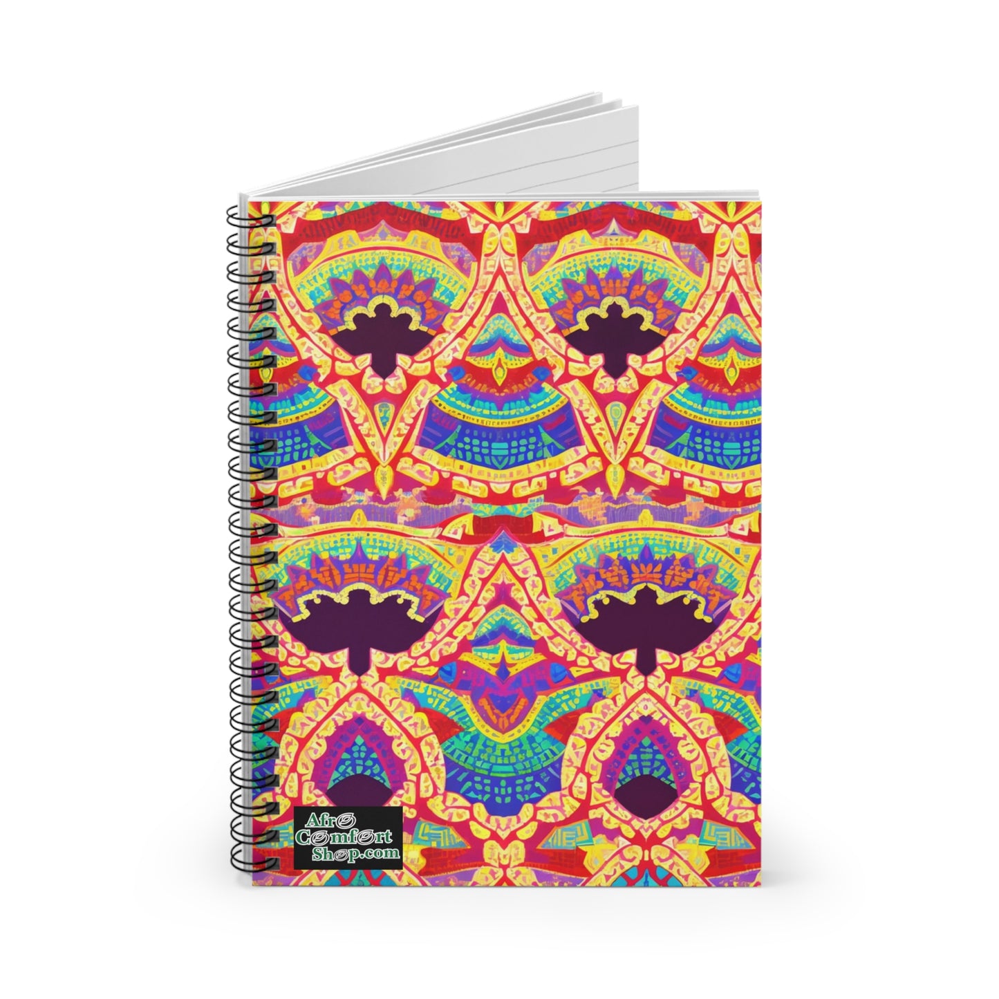 A spiral notebook featuring a vibrant, African-inspired symmetrical pattern in red, yellow, purple, and blue. The ornate abstract design covers the front cover, with a small black Alex Gabriel Shop.am label. Enjoy a premium writing experience on plain white pages.