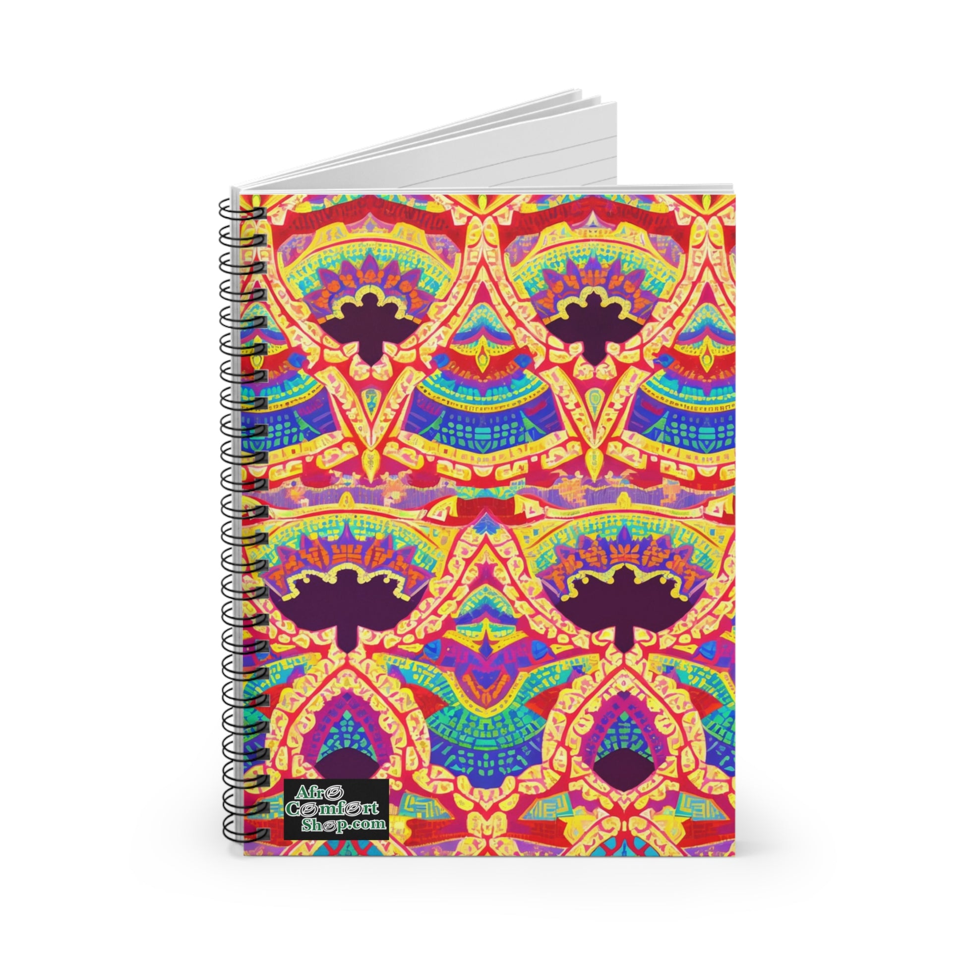 A spiral notebook featuring a vibrant, African-inspired symmetrical pattern in red, yellow, purple, and blue. The ornate abstract design covers the front cover, with a small black Alex Gabriel Shop.am label. Enjoy a premium writing experience on plain white pages.