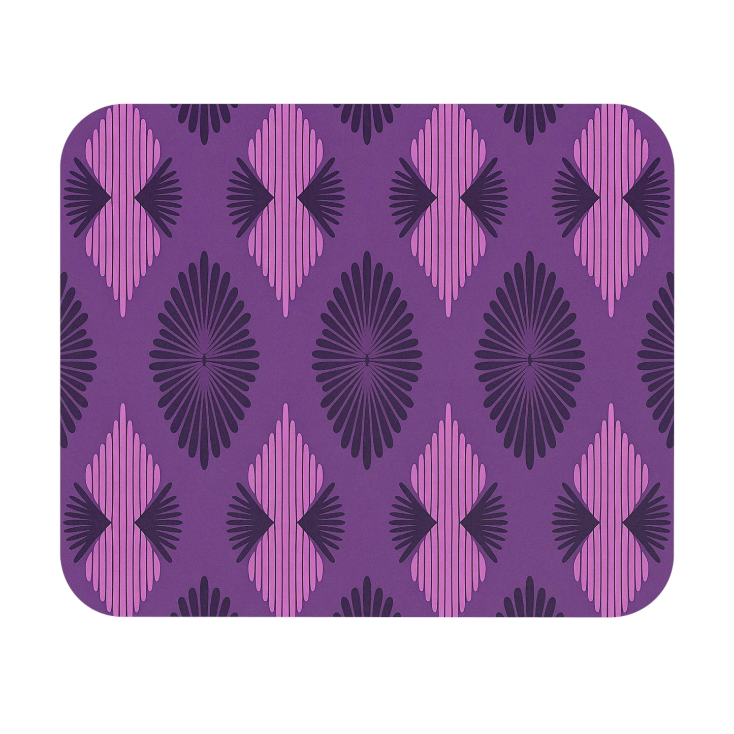 A rectangular mat with rounded corners features a repeating geometric pattern of purple, dark purple, and pink diamond shapes. This African-inspired mouse pad has radiating lines for a bold retro look and a non-slip rubber base for stability.