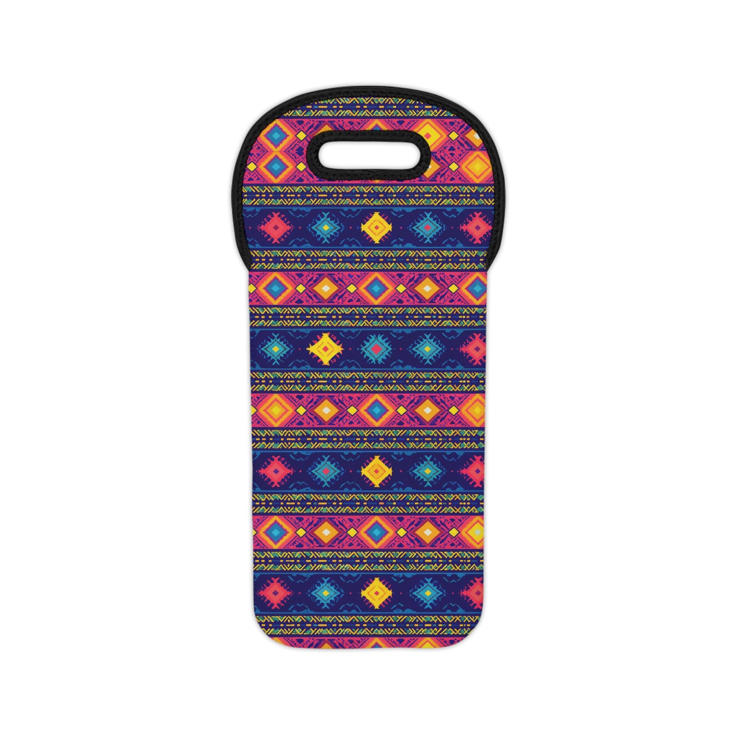 A brightly colored kneeling pad with a handle, featuring geometric and diamond patterns inspired by African design wine carrier motifs in pink, yellow, blue, and orange on a dark background. The pattern repeats in horizontal rows across the entire pad.
