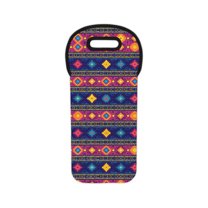 A brightly colored kneeling pad with a handle, featuring geometric and diamond patterns inspired by African design wine carrier motifs in pink, yellow, blue, and orange on a dark background. The pattern repeats in horizontal rows across the entire pad.
