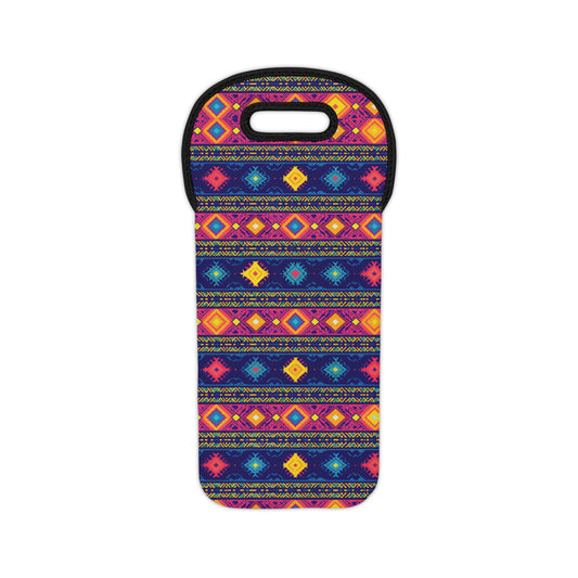 A brightly colored kneeling pad with a handle, featuring geometric and diamond patterns inspired by African design wine carrier motifs in pink, yellow, blue, and orange on a dark background. The pattern repeats in horizontal rows across the entire pad.