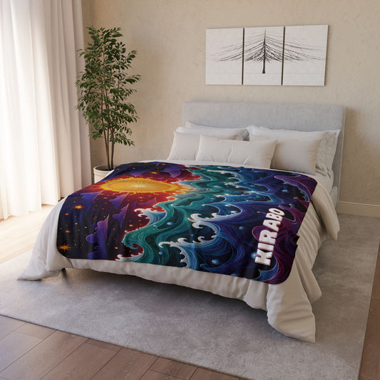 A neatly made bed with a vibrant, African-inspired fleece blanket featuring swirling blue and green waves, a glowing orange sun, and a starry night sky. MIRABO is visible on the personalized blanket. The room has light walls, a plant, and minimalist decor.