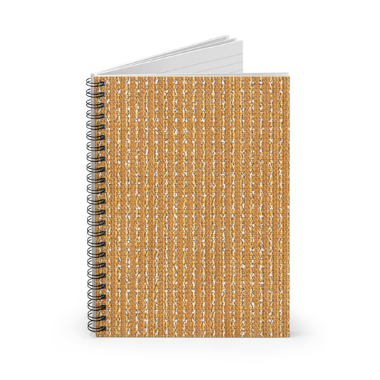 A premium writing journal stands upright with its cover facing forward. The cover features a textured pattern resembling woven burlap in tan and beige hues. The notebook’s white lined pages are partially open and visible at the top.