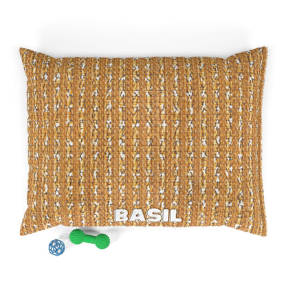 A rectangular, textured brown custom dog bed with BASIL in bold white letters at the front. Two dog toys—a blue ball and a green bone—are placed on a white surface beside this stylish pet bed, photographed from above.