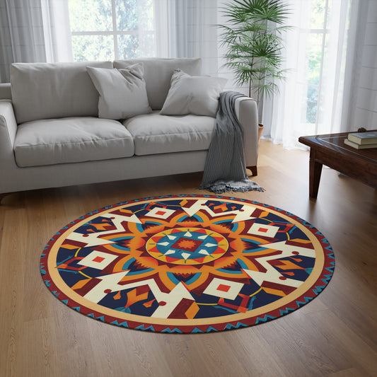 A cozy living room with a light gray sofa, a gray throw, and an African round rug featuring vibrant colors in red, orange, blue, and yellow. A coffee table with books, a tall plant, and large windows with sheer curtains complete the look.