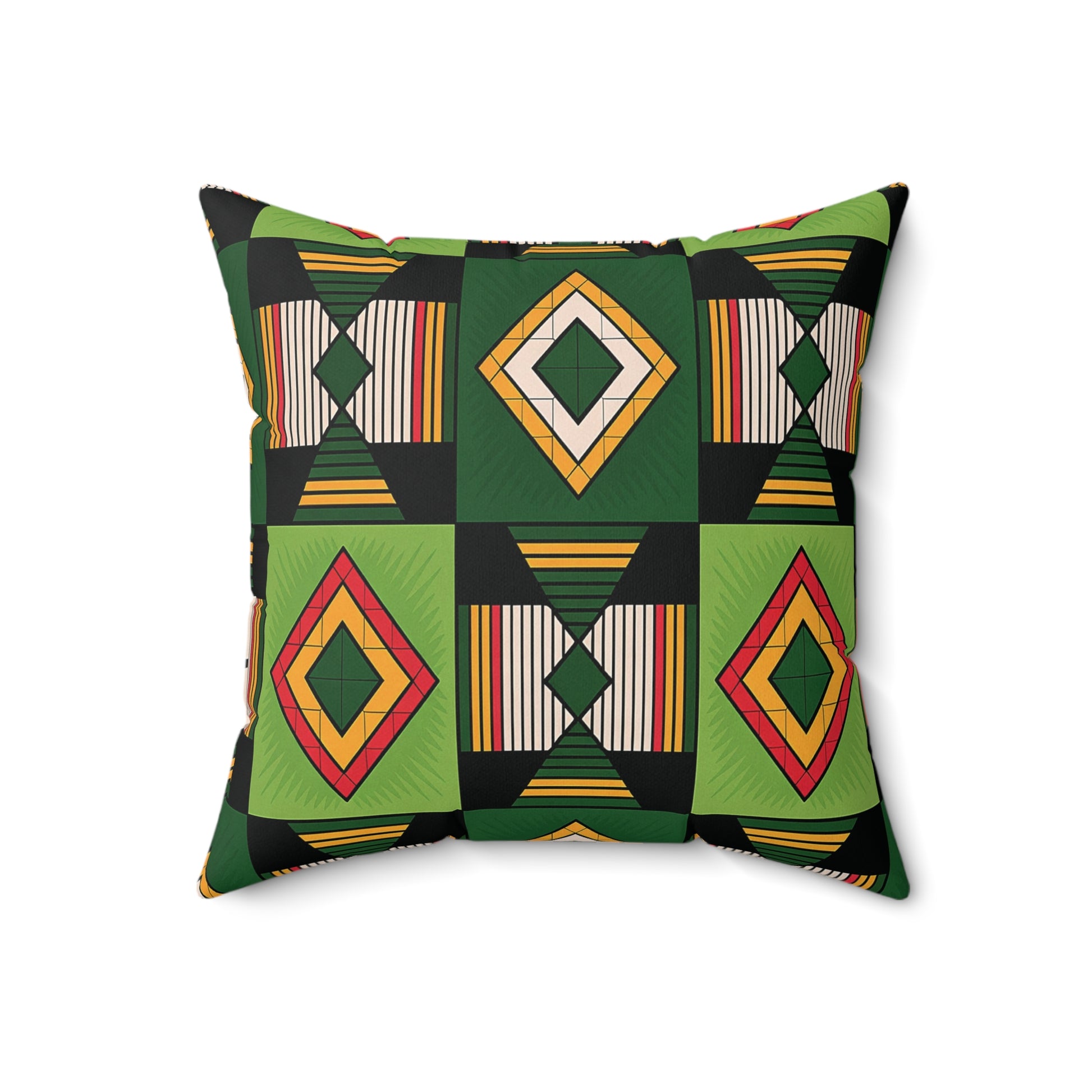 Square contemporary throw pillow with a bold geometric pattern in green, yellow, orange, red, and black. Diamonds and rectangles form a vibrant grid on a white background—perfect as an African accent pillow for modern spaces.