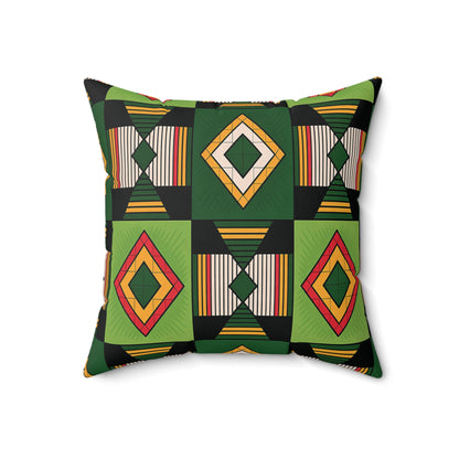 Square contemporary throw pillow with a bold geometric pattern in green, yellow, orange, red, and black. Diamonds and rectangles form a vibrant grid on a white background—perfect as an African accent pillow for modern spaces.