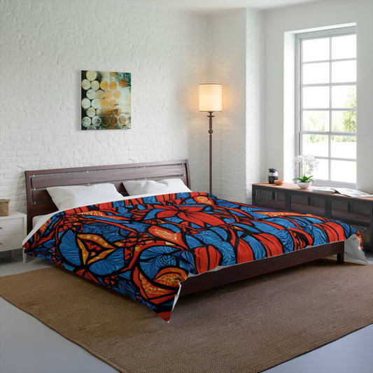A modern bedroom with a dark wooden bed topped by a cozy comforter in bold, stylish patterns of blue, orange, and black. The white brick walls, abstract wall art, floor lamp, large window, and woven rug complete the inviting look.
