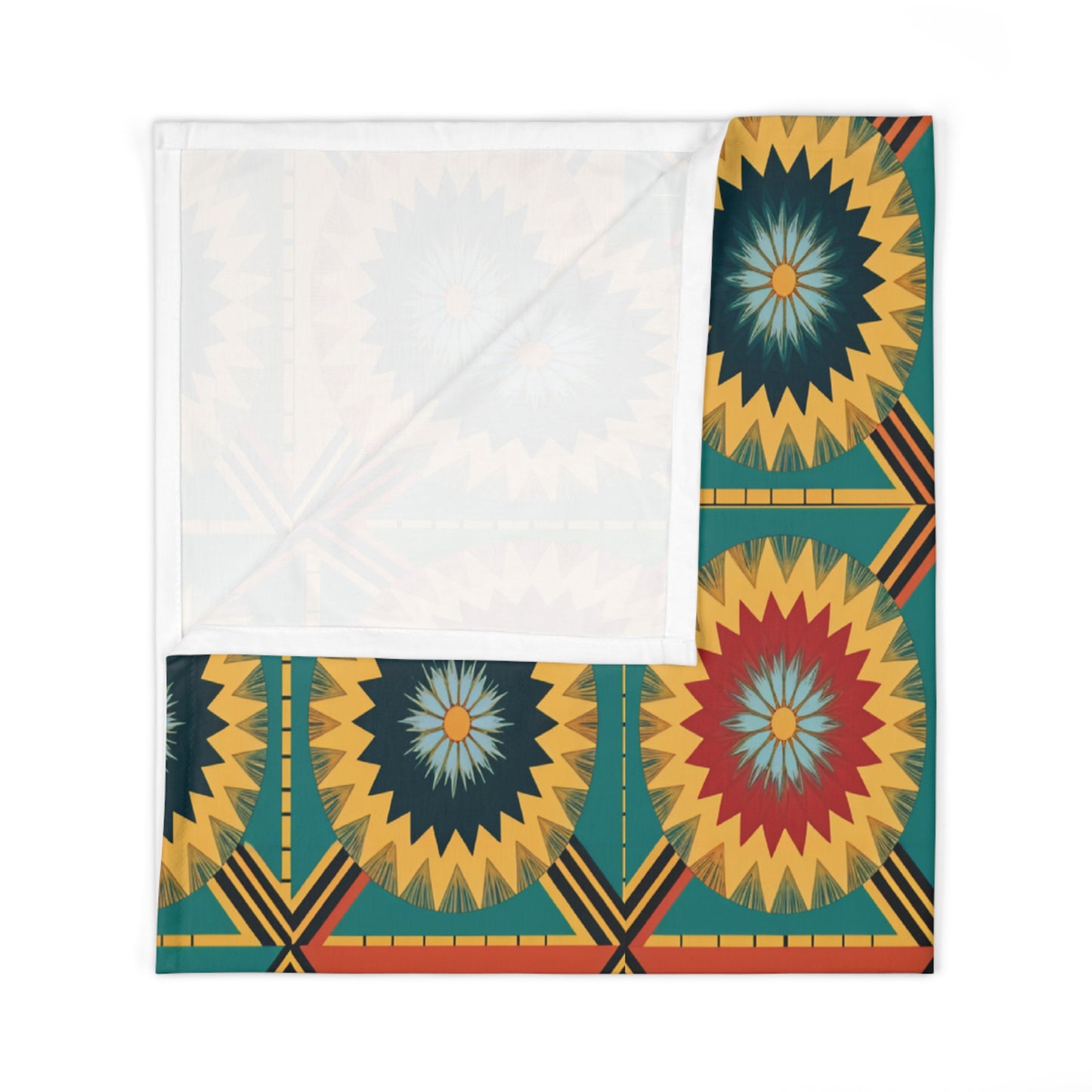 A folded fabric square featuring a vibrant geometric pattern with radiating starbursts in yellow, red, blue, and green—perfect for African-inspired decor. The upper portion shows the plain white reverse side, partially covering the patterned corner.