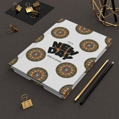 A white wellness journal featuring colorful mandala patterns and the words ITS A NEW DAY RISE N SHINE lies on a textured dark surface. Gold and black pencils, binder clips, and geometric gold decor complete the look.