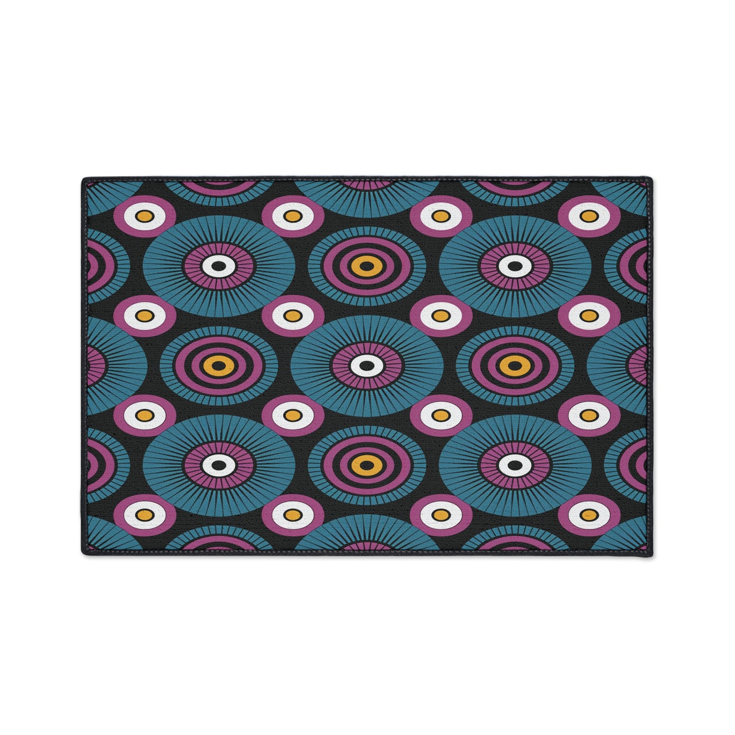 A rectangular mat featuring a repeating geometric pattern reminiscent of African-inspired aesthetics, with concentric circles in teal, purple, yellow, and pink on black. The bold design pops on custom floor mats with non-slip rubber backing.