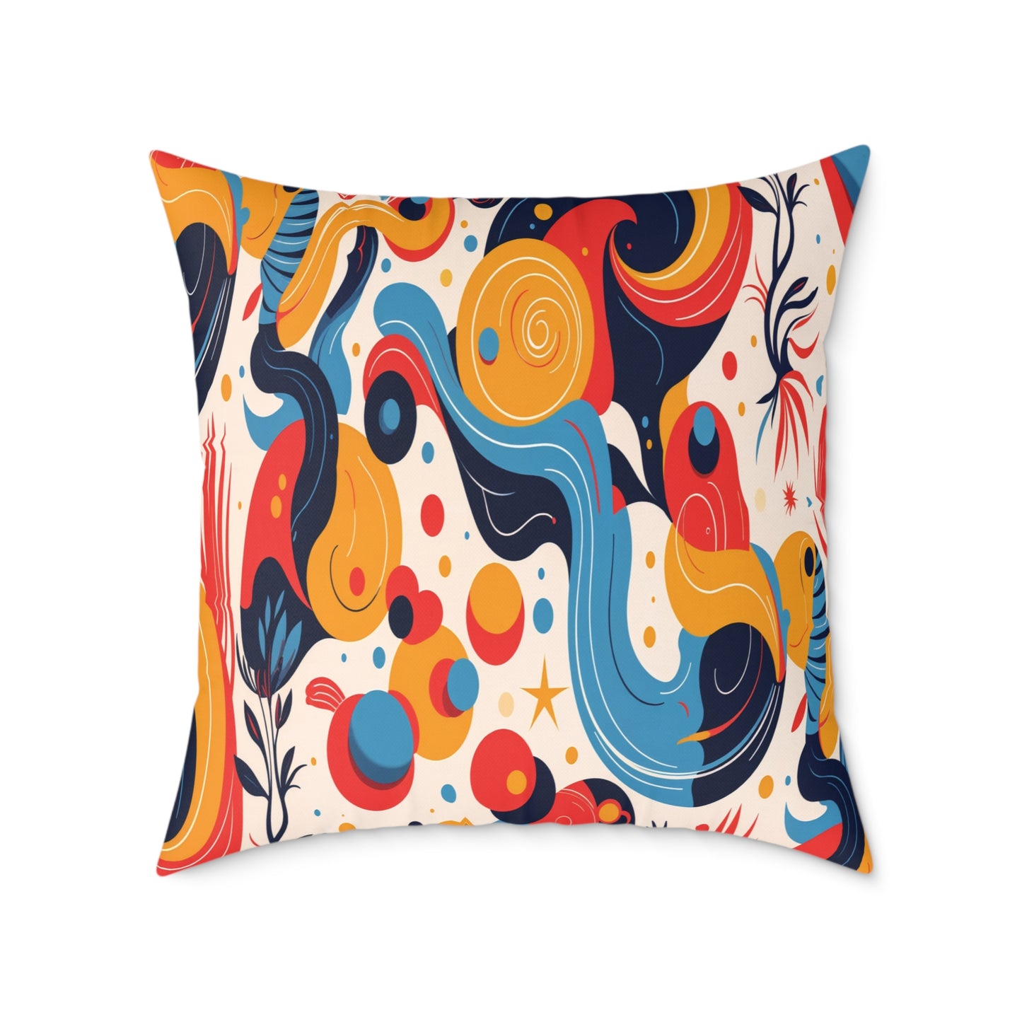 A rectangular African-inspired pillow with a bold abstract design featuring swirling shapes, waves, and dots in vibrant colors. This energetic pattern adds playful, modern charm and colorful accents to any home decor.