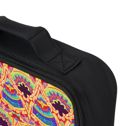 Close-up of an African-inspired lunch tote with a sturdy fabric handle and zipper. The bag features a colorful, intricate geometric and floral pattern in red, yellow, blue, and purple, focusing on the vibrant design and durable handle.