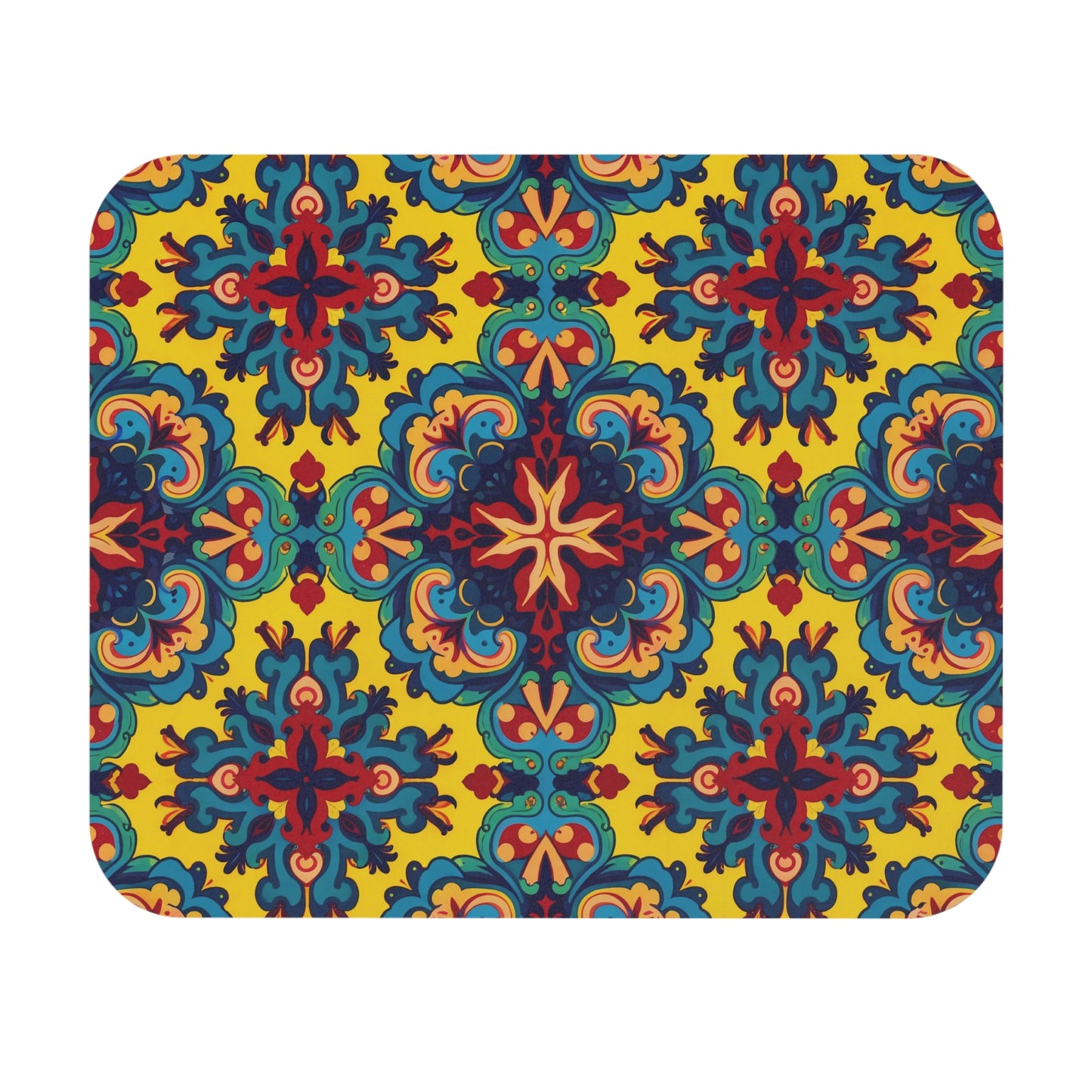 A rectangular mat with rounded corners featuring a vibrant, symmetrical pattern. This African-inspired mouse pad displays blue, red, and orange ornate shapes on bright yellow, with a non-slip rubber base for a stylish and creative desk accessory.