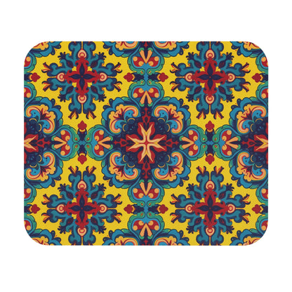 A rectangular mat with rounded corners featuring a vibrant, symmetrical pattern. This African-inspired mouse pad displays blue, red, and orange ornate shapes on bright yellow, with a non-slip rubber base for a stylish and creative desk accessory.