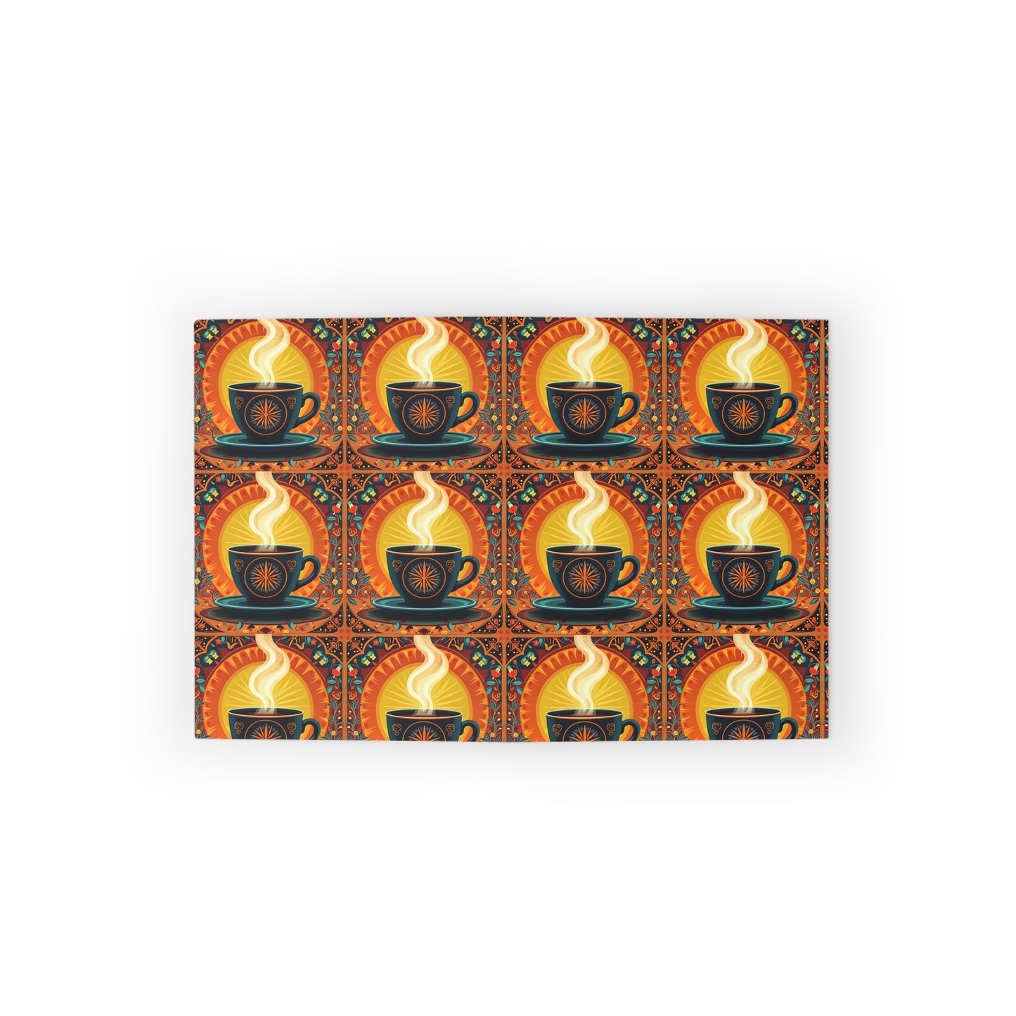 A rectangular mat features a repeating pattern of black coffee cups with swirling steam, set against a warm orange and yellow background with decorative accents. The symmetrical, vibrant design evokes a cozy, vintage feel inspired by culturally inspired designs.