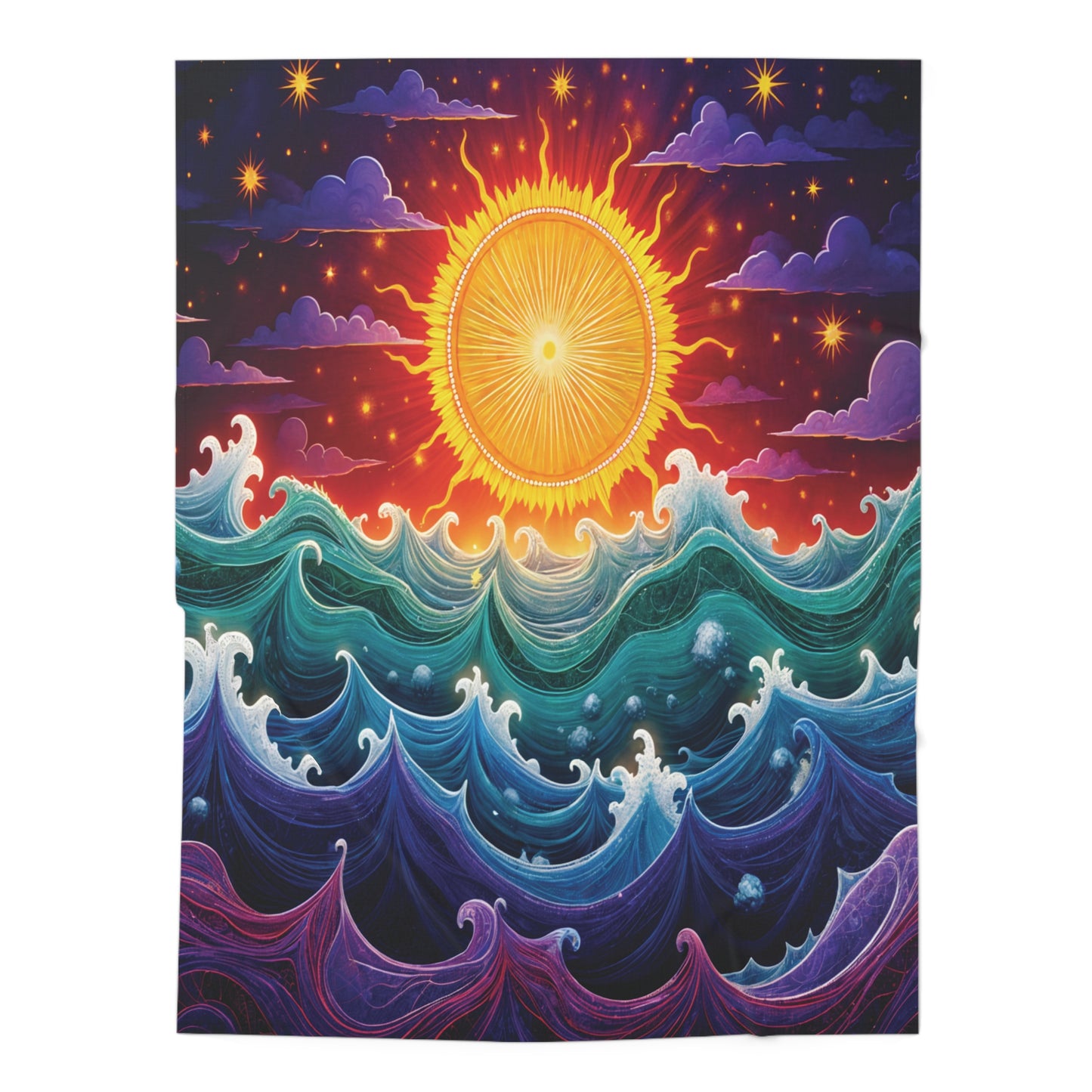 A vibrant, stylized image of a radiant sun setting over a dynamic ocean, with swirling waves beneath a sky of fiery hues—perfect for African-inspired decor or as inspiration for customizable baby blanket designs.