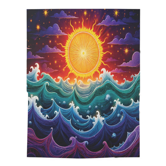 A vibrant, stylized image of a radiant sun setting over a dynamic ocean, with swirling waves beneath a sky of fiery hues—perfect for African-inspired decor or as inspiration for customizable baby blanket designs.