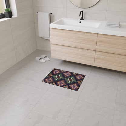 A modern bathroom with light beige tiles, a wooden vanity, and a round mirror features a small rectangular mat with African-inspired aesthetics and a colorful, symmetrical floral pattern for a vibrant touch.