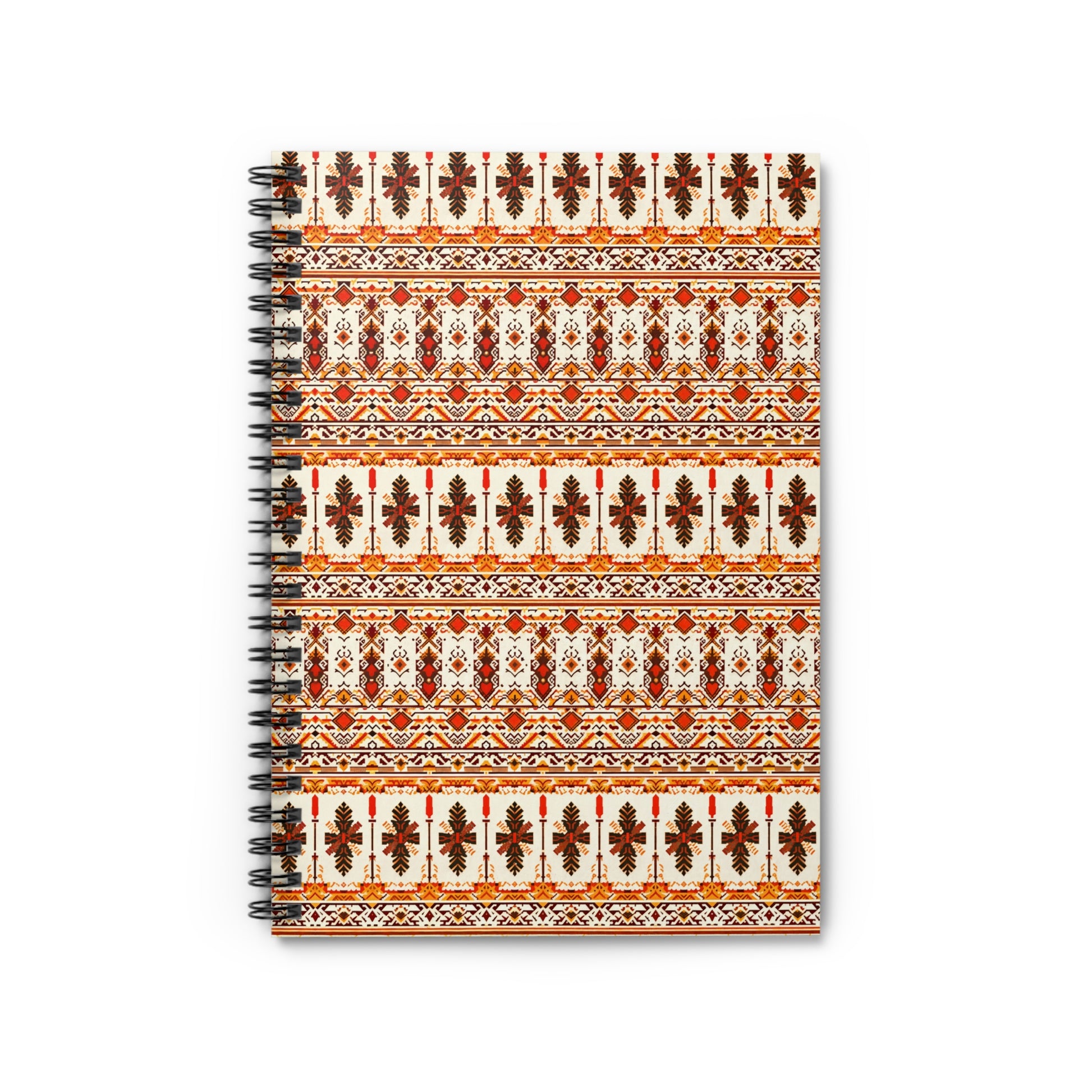 A spiral-bound African-inspired spiral notebook with a cream-colored cover featuring horizontal rows of red, orange, and brown floral and geometric patterns, inspired by traditional folk art. Enjoy a premium writing experience with culturally inspired designs.