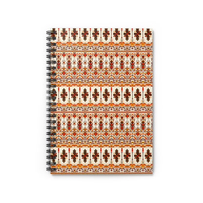 A spiral-bound African-inspired spiral notebook with a cream-colored cover featuring horizontal rows of red, orange, and brown floral and geometric patterns, inspired by traditional folk art. Enjoy a premium writing experience with culturally inspired designs.
