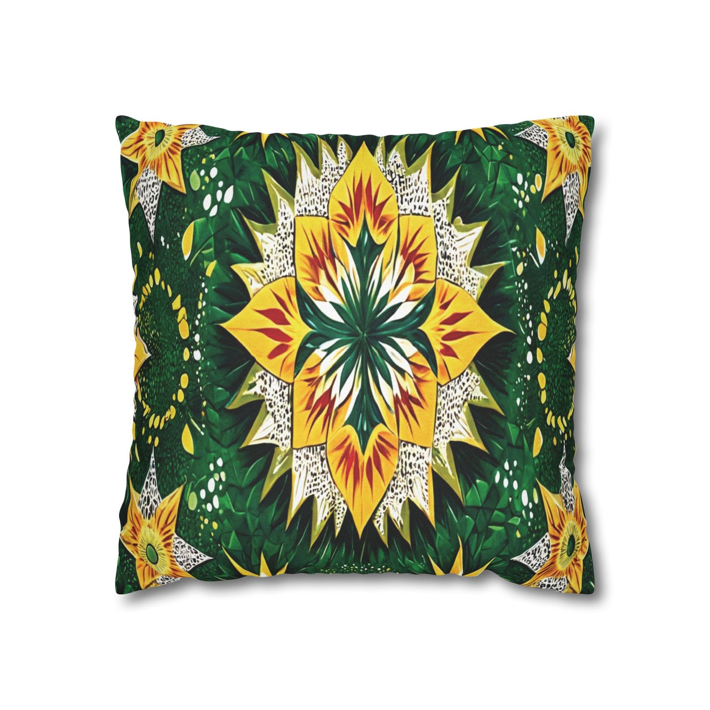 Rectangular pillow with a vibrant kaleidoscopic pattern, featuring African-inspired patterns. A bold yellow and green floral motif sits at the center, surrounded by leafy shapes, white dotted accents, and smaller yellow flowers on a dark green background.