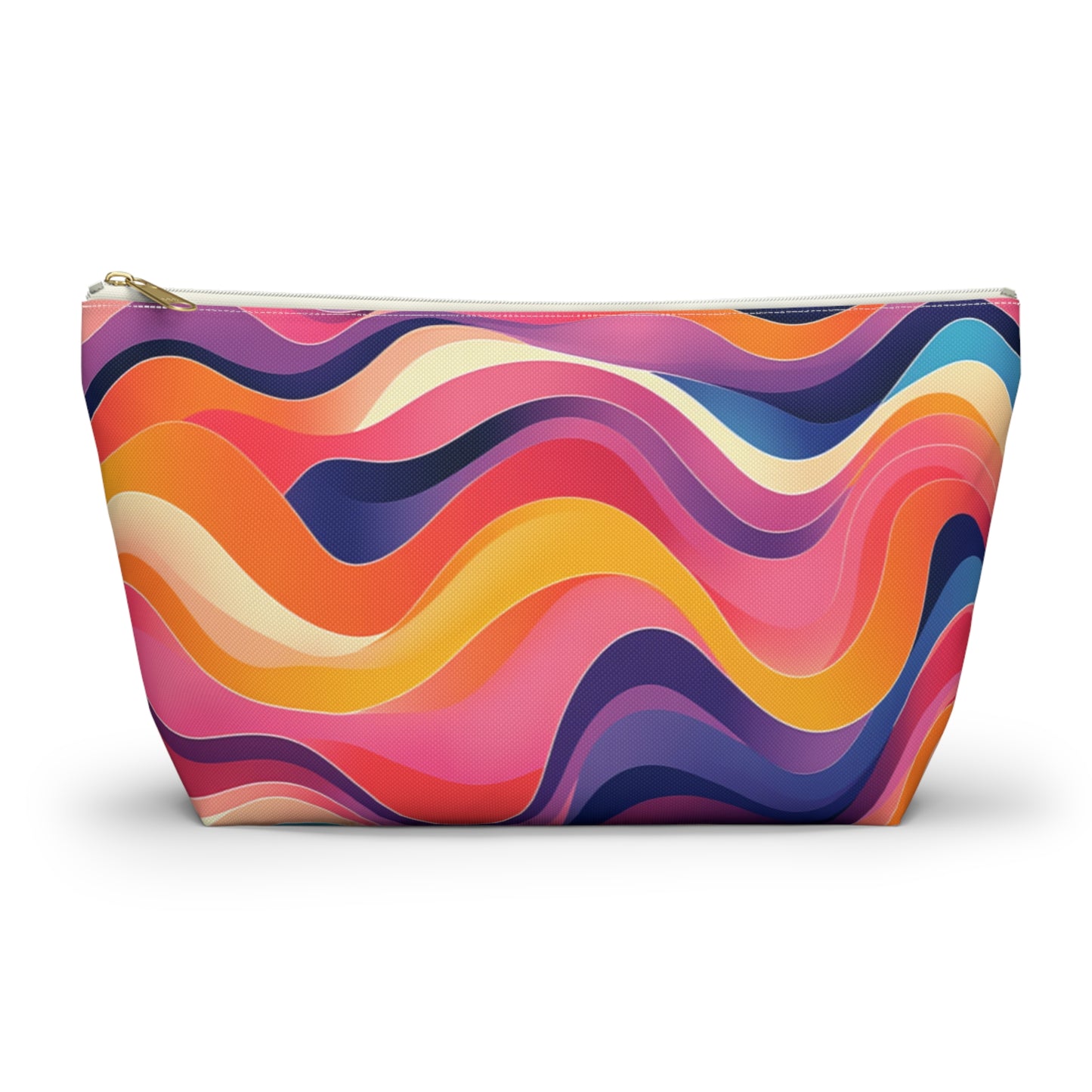 A vibrant cosmetic travel bag with a wavy, African-inspired pattern in pink, orange, yellow, purple, and dark blue. The contour-like lines create a lively abstract design. This T-bottom pouch stands upright with a gold zipper at the top.