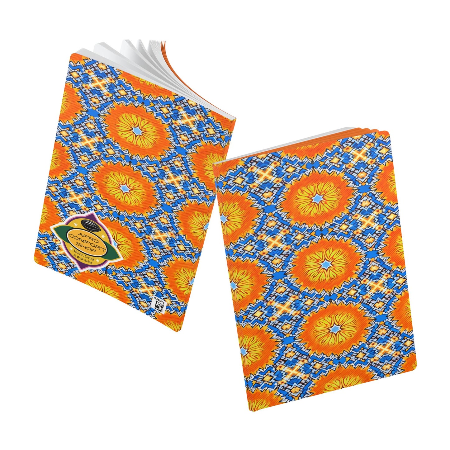 Two notebooks with vibrant, geometric covers inspired by African patterns in orange, yellow, and blue. Ideal as a creative journal, one is open to reveal lined pages while the other is closed, spotlighting the colorful design and a small front label.