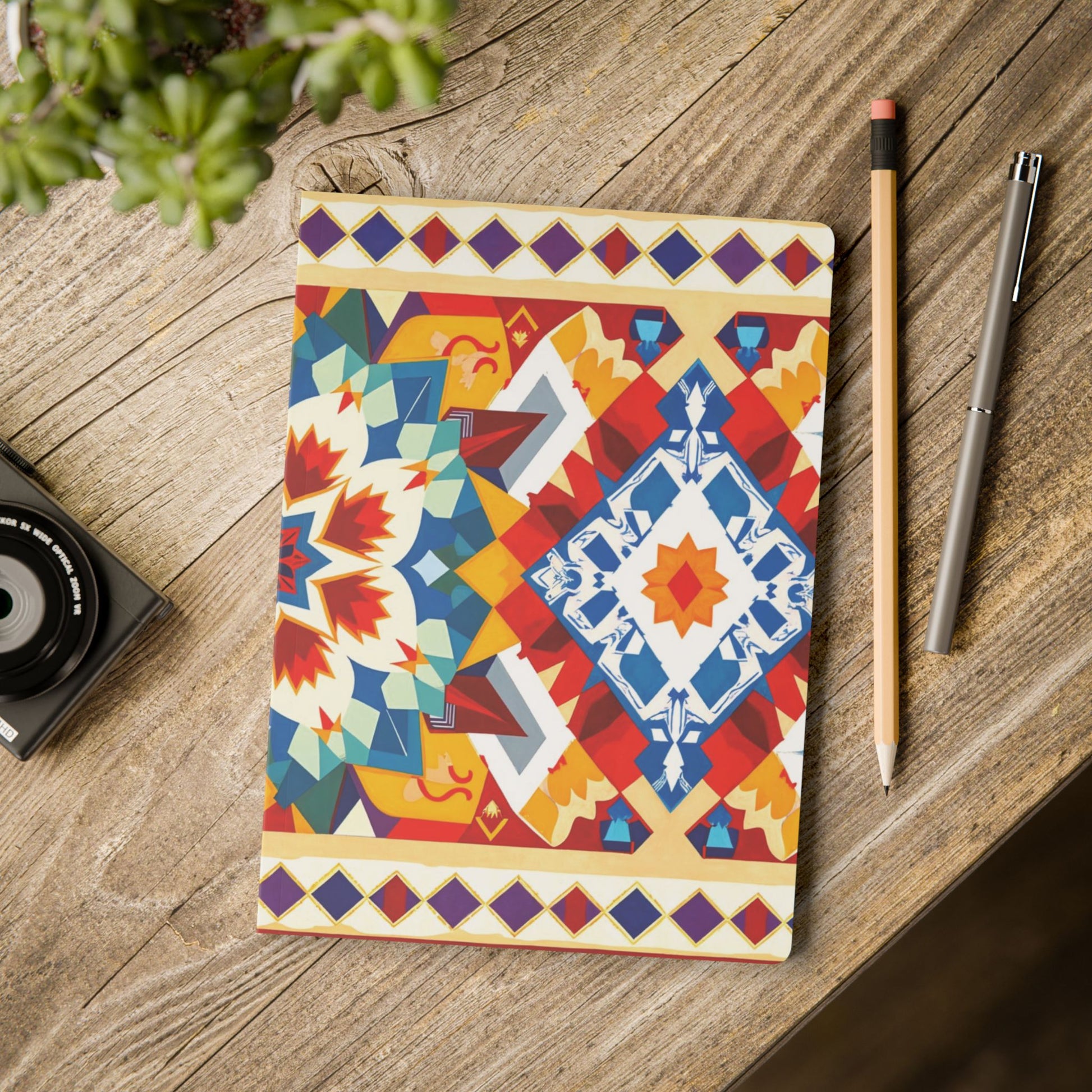 A creative journal with a vibrant, African-inspired geometric pattern lies on a rustic wooden surface next to a pencil, pen, potted succulent, and camera. Its colorful design features bold shapes in blue, red, orange, and cream tones.