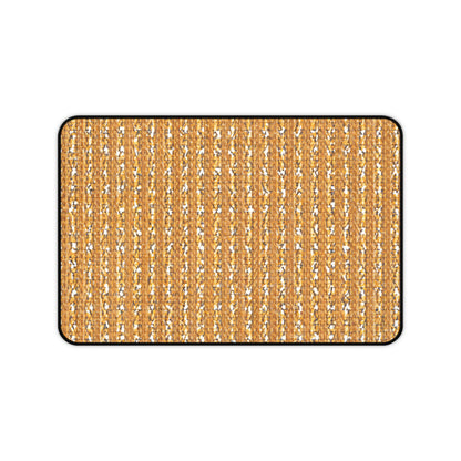 A rectangular woven neoprene desk mat with a brown and tan color pattern, featuring vertical rows of tightly interlaced fibers. The edges are rounded and outlined in black, creating an ergonomic desk mat for any workspace. Background is plain white.