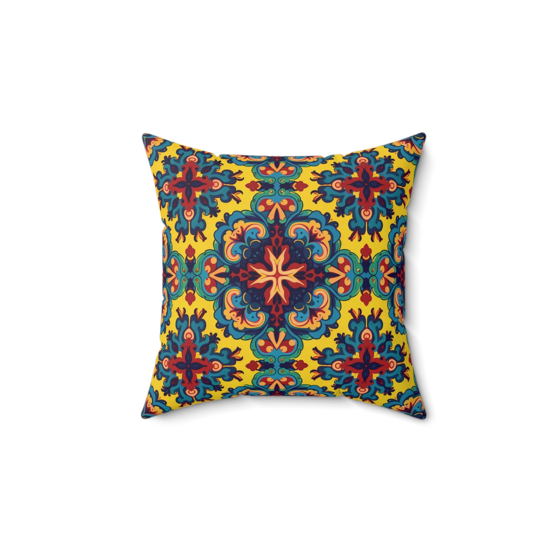 A square faux suede pillow featuring a vibrant, symmetrical pattern with blue, red, orange, and green accents on a yellow background. The intricate design resembles a mandala or tile motif, ideal as an eye-catching African accent pillow.